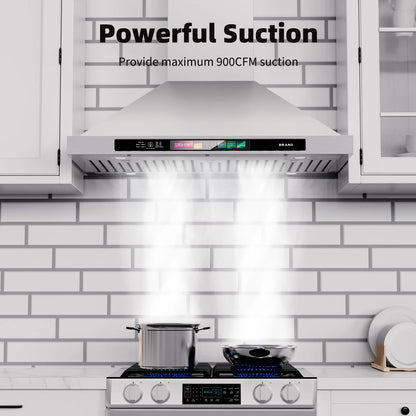 Brano 30 Inch Stainless Steel Wall Mount Range Hood, 900 CFM, Convertible with LED Lights and Charcoal Filter