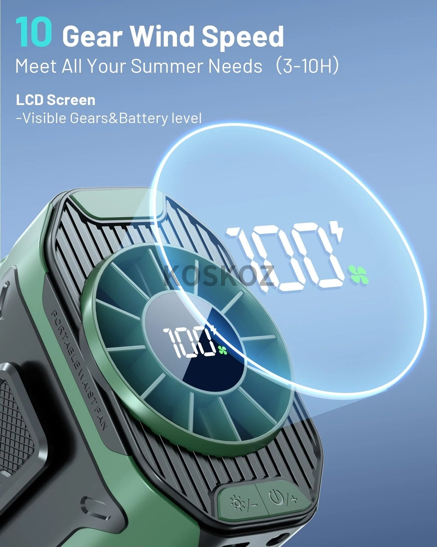 Portable Waist Fan with 10 Speed, Clip on Wearable Personal Fan with Flashlight, Hands-Free Hanging Neck Fans, Outdoor Camping