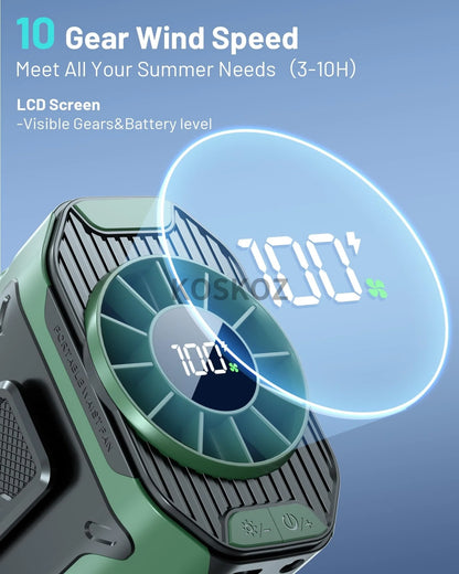 Portable Waist Fan with 10 Speed, Clip on Wearable Personal Fan with Flashlight, Hands-Free Hanging Neck Fans, Outdoor Camping