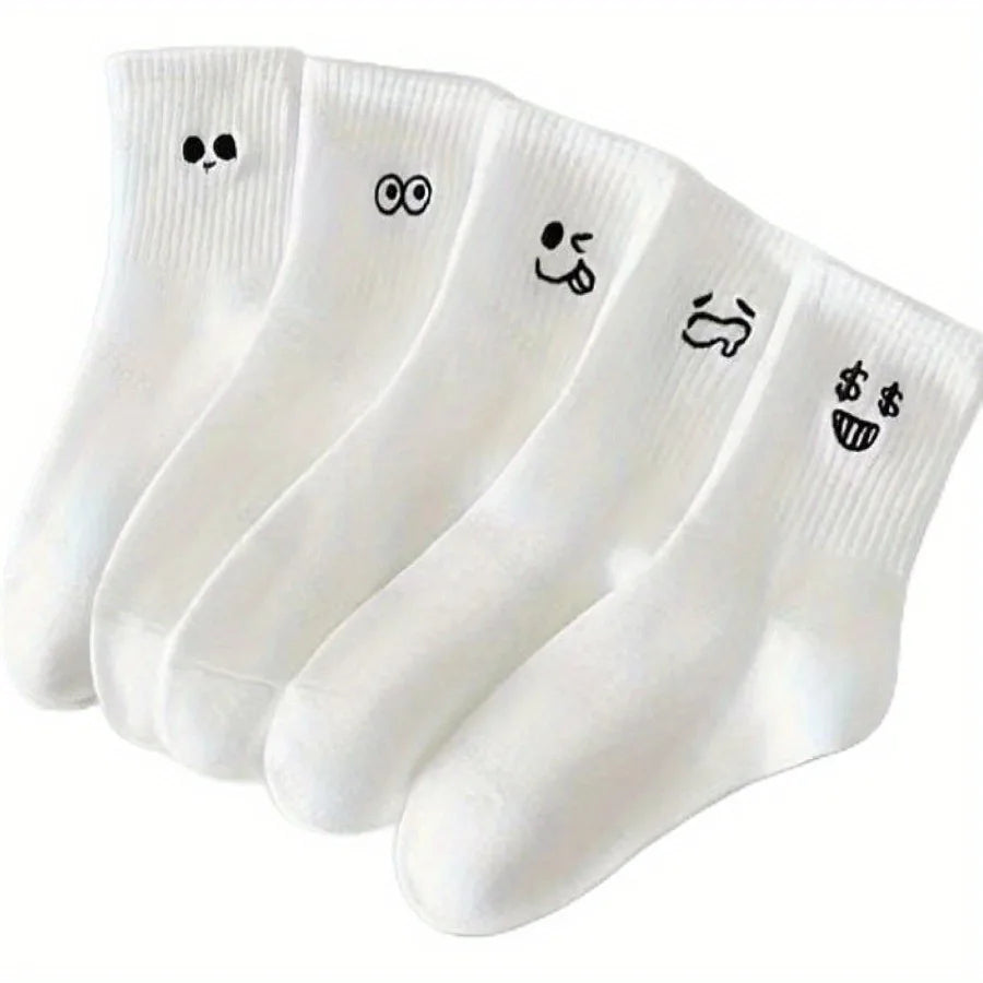 10 pairs of soft, breathable, durable and simple white expression socks, comfortable and suitable for daily wear