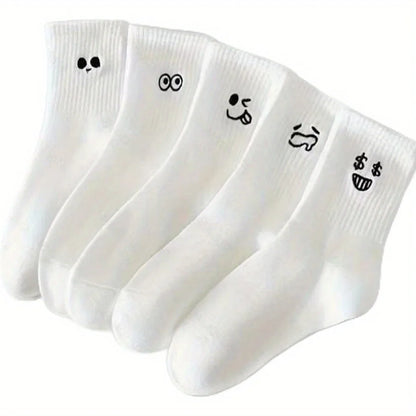 10 pairs of soft, breathable, durable and simple white expression socks, comfortable and suitable for daily wear
