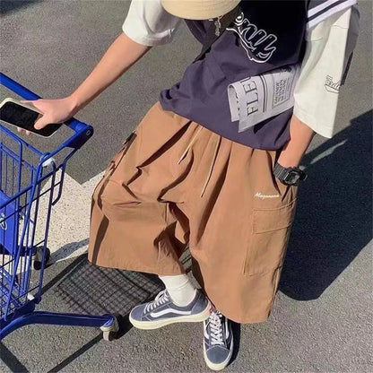 Fashion Bf Loose Streetwear Women Cropped Pants Japanese Hip Hop Pockets Cargo Wide Leg Trousers Retro Casual Straight Pants Men