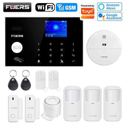 FUERS WIFI GSM Alarm System Wireless Home Burglar Security Alarm System works with Tuya Smart APP Control Motion Detector Sensor