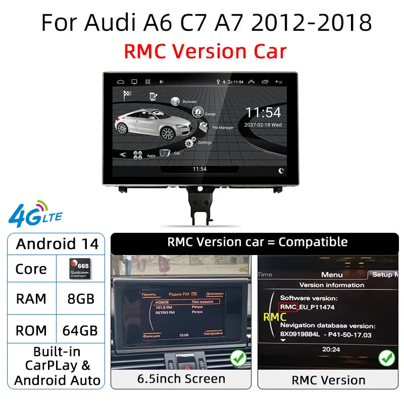Android 14 Carplay Car Multimedia Player For Audi A6 C7 A7 2012~2018 Touch Screen 4G Music Stereo GPS Navi 8+256GB Auto Radio