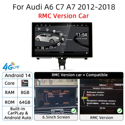 Android 14 Carplay Car Multimedia Player For Audi A6 C7 A7 2012~2018 Touch Screen 4G Music Stereo GPS Navi 8+256GB Auto Radio