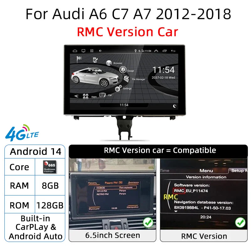 Android 14 Carplay Car Multimedia Player For Audi A6 C7 A7 2012~2018 Touch Screen 4G Music Stereo GPS Navi 8+256GB Auto Radio