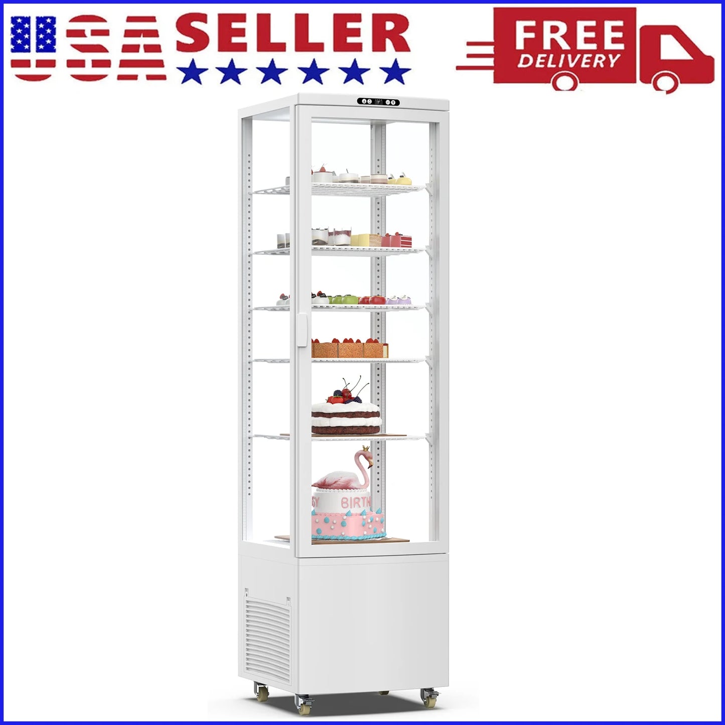 Commercial Refrigerator Display Case, Commercial Cake Refrigerator, Double-Layered Glass Fridge Bakery Cooler Interior LED Light