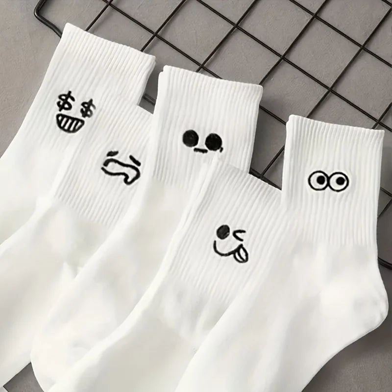 10 pairs of soft, breathable, durable and simple white expression socks, comfortable and suitable for daily wear