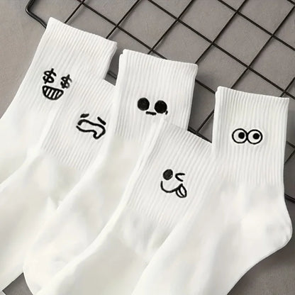 10 pairs of soft, breathable, durable and simple white expression socks, comfortable and suitable for daily wear