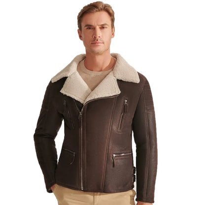 Denny&Dora Men's Aviator Shearling Jacket Brown Leather Warm Coats Men