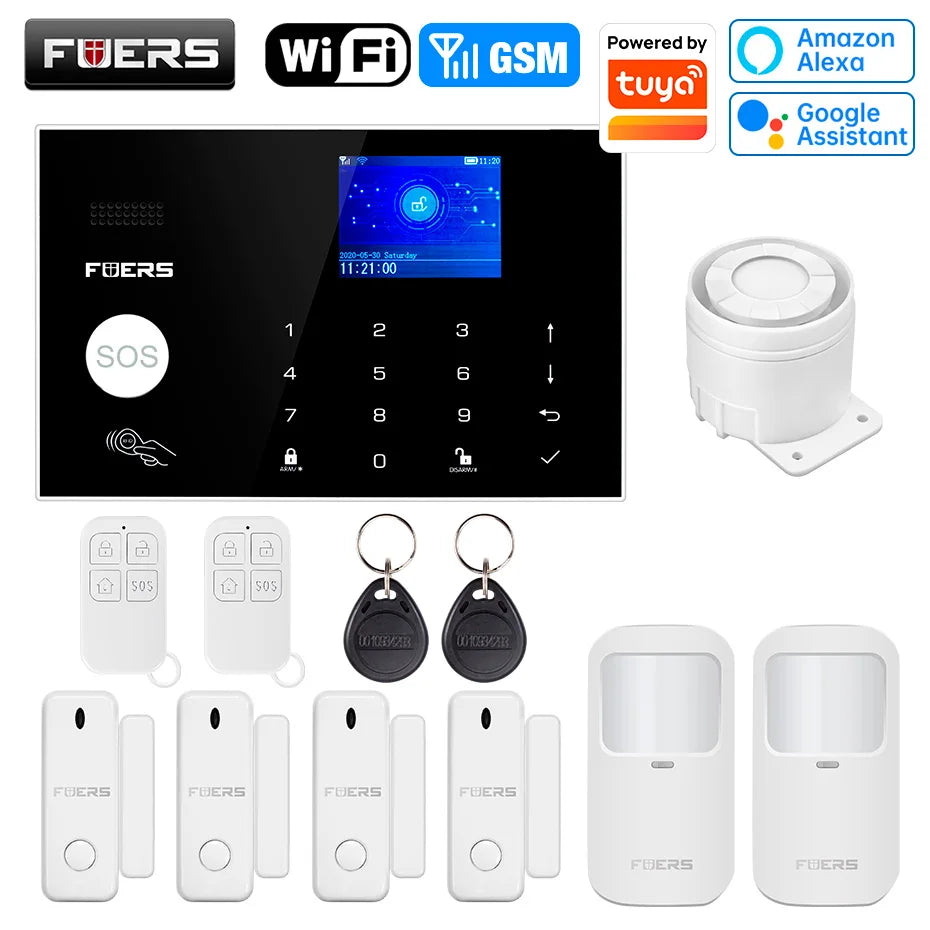 FUERS WIFI GSM Alarm System Wireless Home Burglar Security Alarm System works with Tuya Smart APP Control Motion Detector Sensor