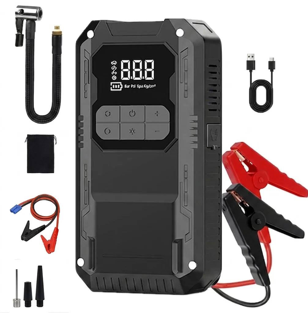 Qenrix 4in1 Portable Jump Starter with 150PSI Cordless Air Pump, 12V Car Battery Booster, Digital Tire Inflator with LED Light