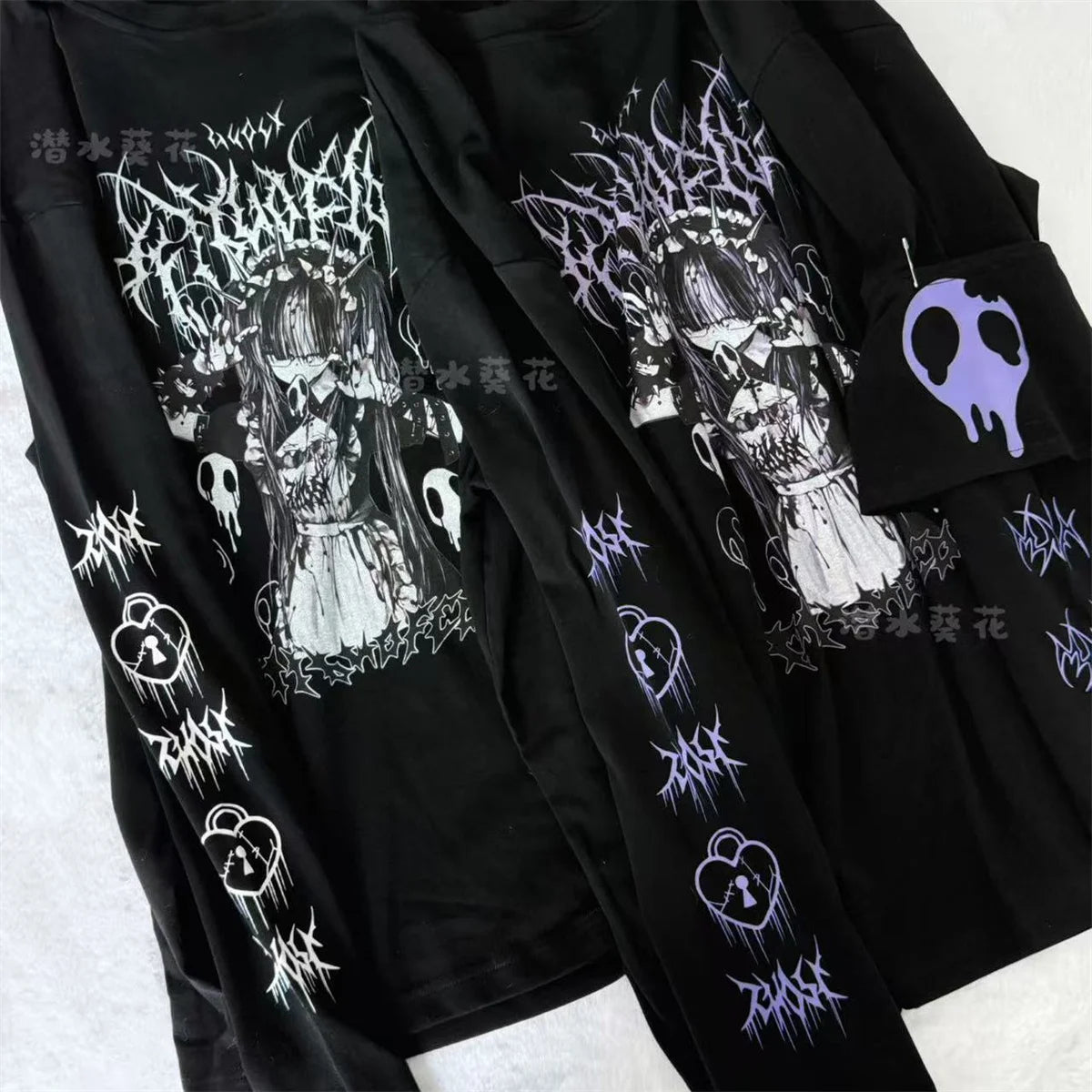 Original Crew Neck Black Y2K Long Sleeve T-Shirt Japanese Subculture Anime Print T Shirt Spring Autumn New Loose Versatile Tops