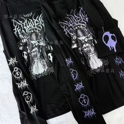Original Crew Neck Black Y2K Long Sleeve T-Shirt Japanese Subculture Anime Print T Shirt Spring Autumn New Loose Versatile Tops