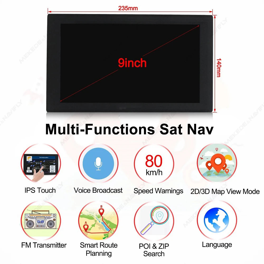 9 Inch HD Touch Screen 2D 3D Car GPS Navigation Multilingual Voice Latest Europe Maps GPS Navigation Support FM Transmitter