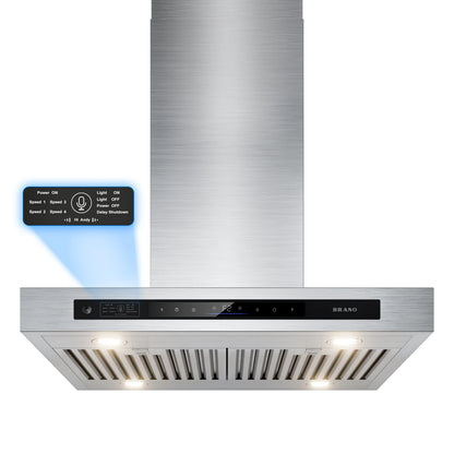 BRANO 36-Inch Island Range Hood with Ducted/Ductless Flex Install - 900 CFM, Smart Voice/Gesture/Touch Control