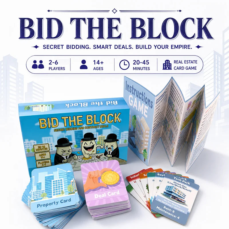 Bid the Block Real Estate Card Game for 2-6 Players, Secret Bidding, Property Cards, Contract Matching, Combo Deals, Ages 14+