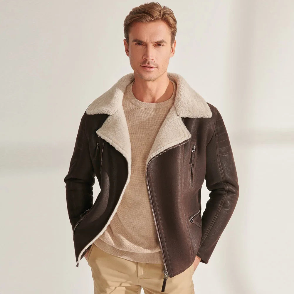 Denny&Dora Men's Aviator Shearling Jacket Brown Leather Warm Coats Men