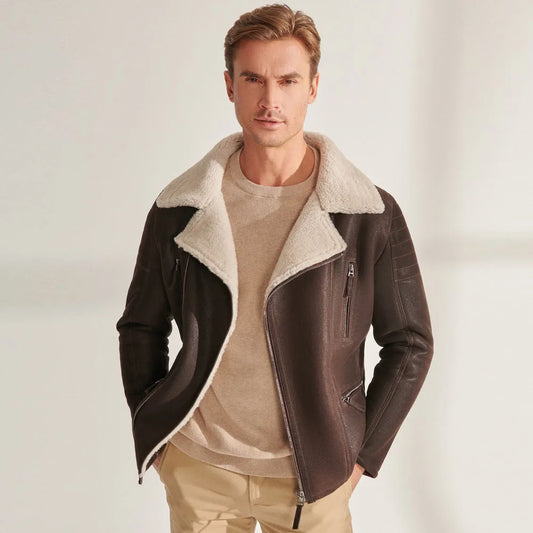 Denny&Dora Men's Aviator Shearling Jacket Brown Leather Warm Coats Men