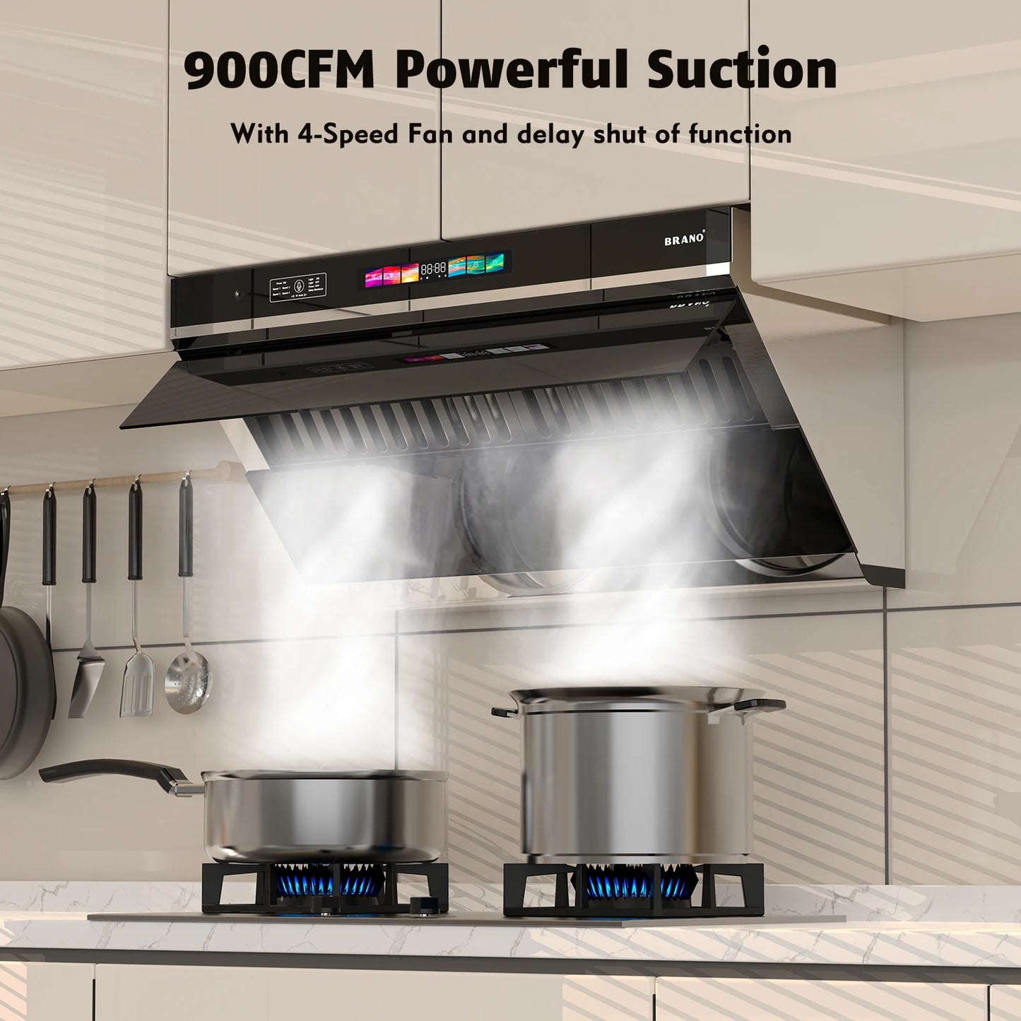 BRANO 36 inch 900 CFM Under Cabinet Range Hood Kitchen Hood with 4 LED Lights and Charcoal Filter, Voice/Gesture/Touch Control