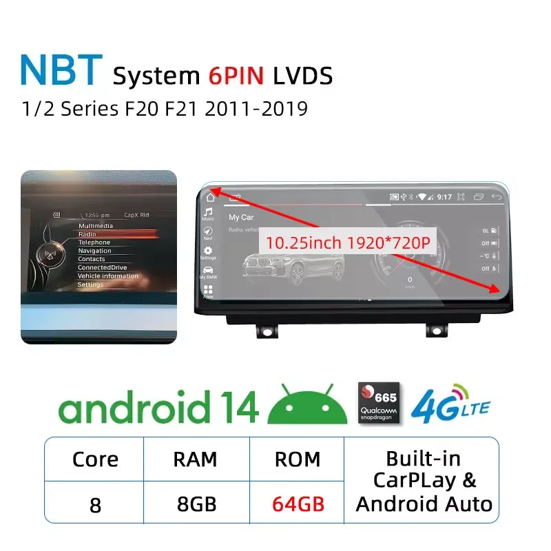 Wireless Carplay Android 14 For BMW F20 F30 F21 F22 F31 F32 F33 F34 F36 NBT EVO Multimedia Player Auto Radio Screen GPS