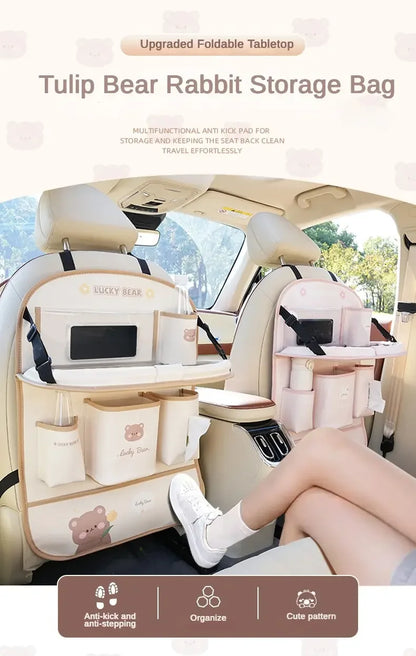 Leather Deluxe Car Seat Back Organizer-Multi-Function Storage, Foldable Dining Table Tray,Anti-Kick Pad,Decorative Car Accessory