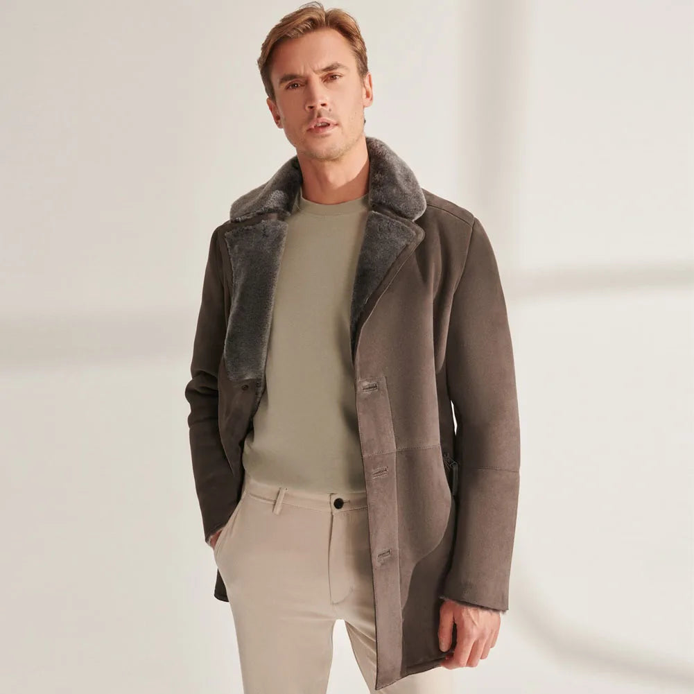 Denny&Dora Men's Mid-Length Shearling Sheepskin Jacket Real Fur Natural Leather Coat for Men