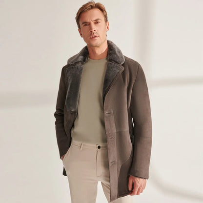Denny&Dora Men's Mid-Length Shearling Sheepskin Jacket Real Fur Natural Leather Coat for Men