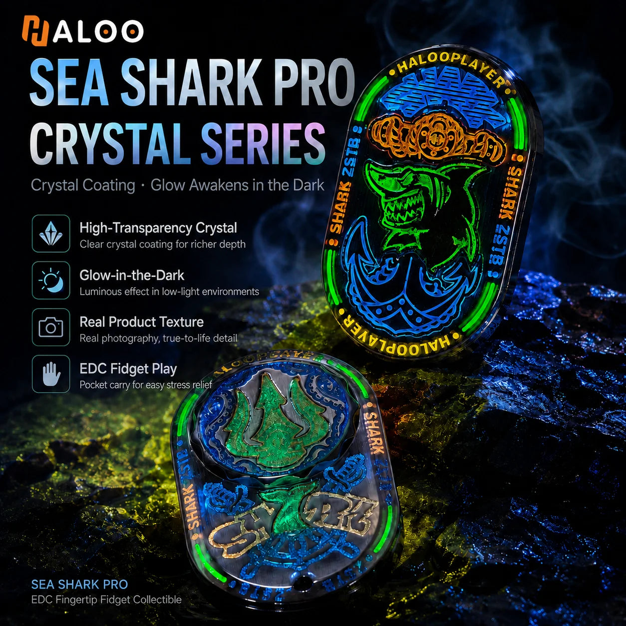 HALOOPLAYER noctilucent fidget slider sea shark pro custom version relieve stress EDC fidget spinner toys