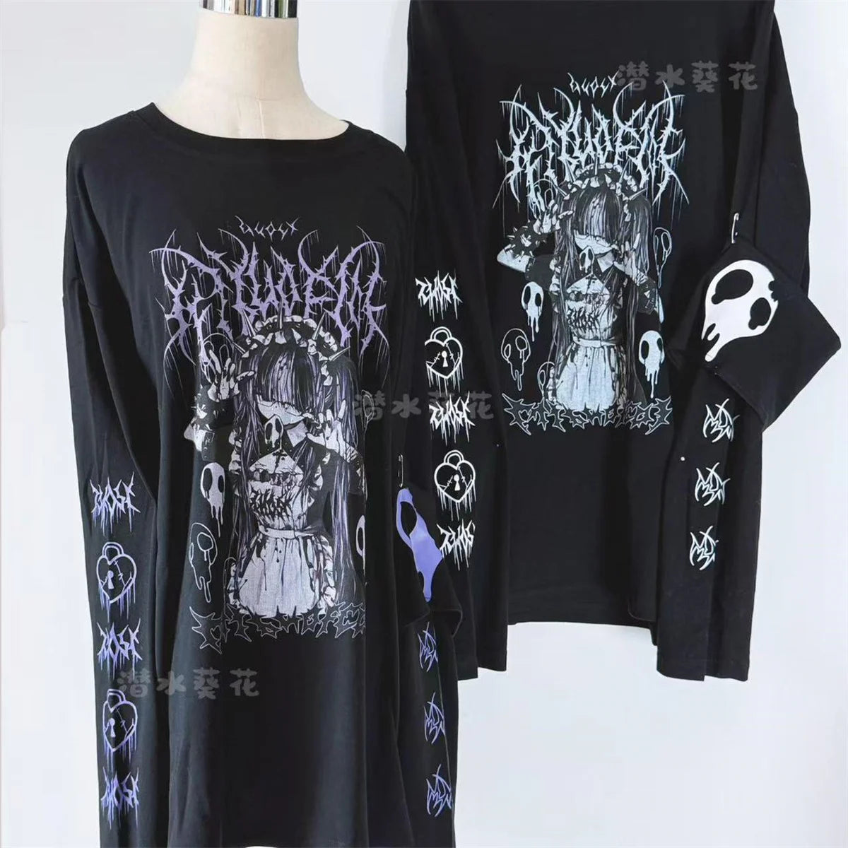 Original Crew Neck Black Y2K Long Sleeve T-Shirt Japanese Subculture Anime Print T Shirt Spring Autumn New Loose Versatile Tops