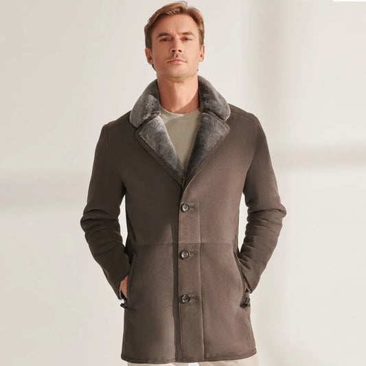 Denny&Dora Men's Mid-Length Shearling Sheepskin Jacket Real Fur Natural Leather Coat for Men
