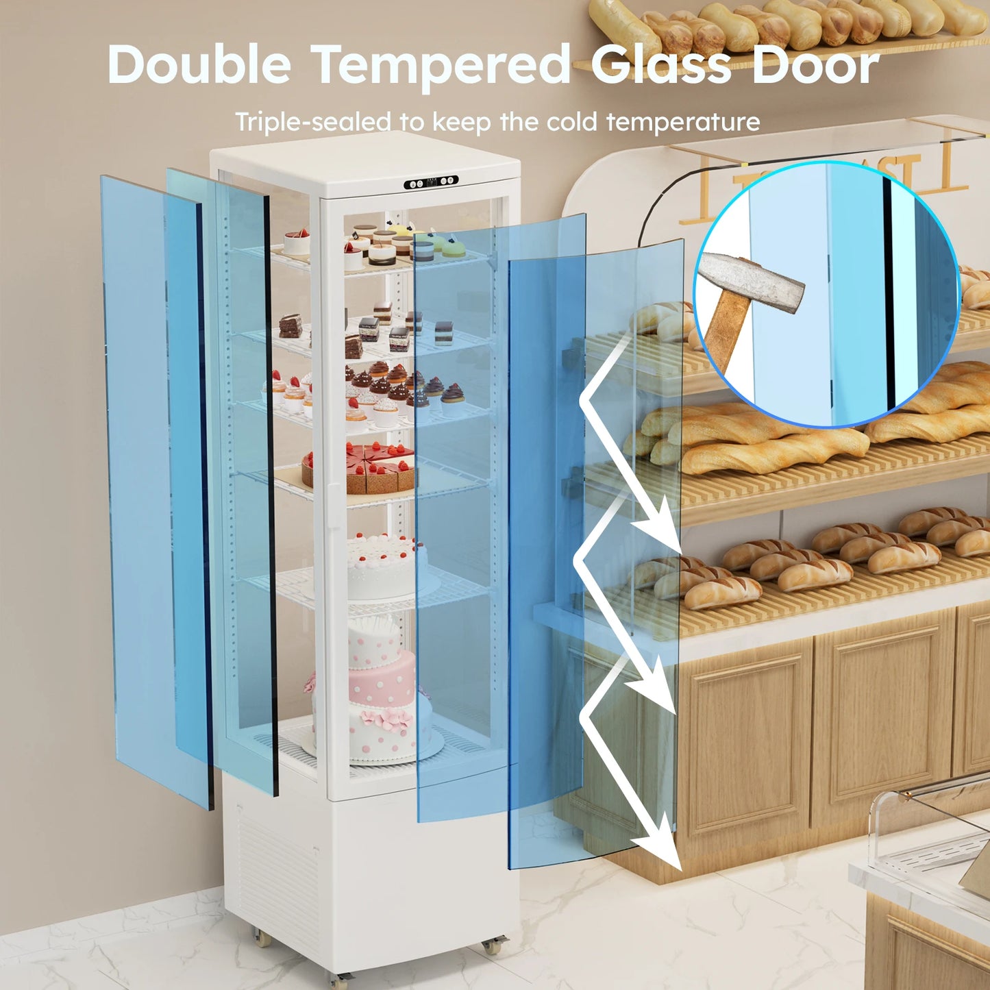 Commercial Refrigerator Display Case, Commercial Cake Refrigerator, Double-Layered Glass Fridge Bakery Cooler Interior LED Light