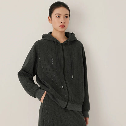 KL9523335 Women's High-End Casual Knit Hoodie Wool Blend Zipper Jacket Elegant Autumn Winter Fashion for Ladies