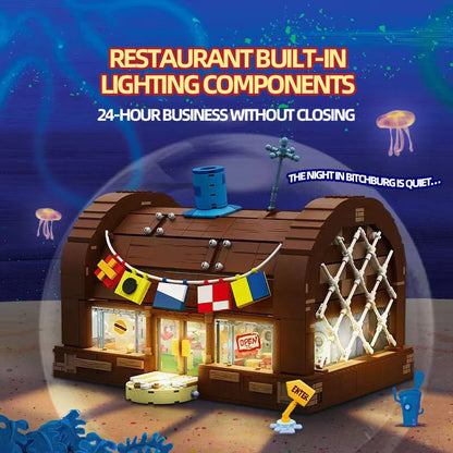 Spongebob Cartoon Krusty Krab Restaurant Building Blocks Creative Canteen Scenes Model Bricks Desktop Ornaments Toy Holiday Gift