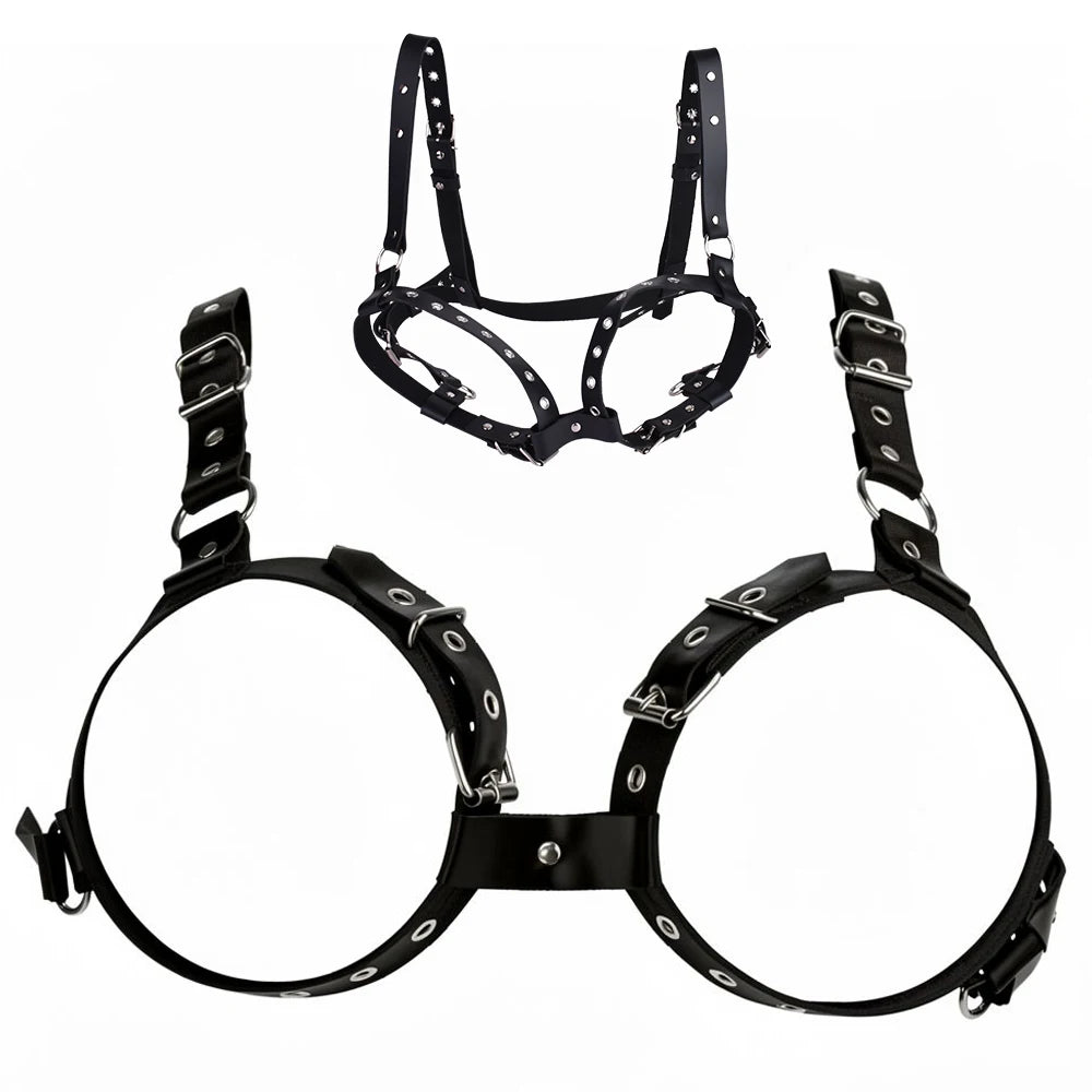 Women Leather Open Cup Body Harness Bra Adjustable Bust Bondage Belt BDSM Fetish Lingerie Sexy Restraint Costume Adult Accessory