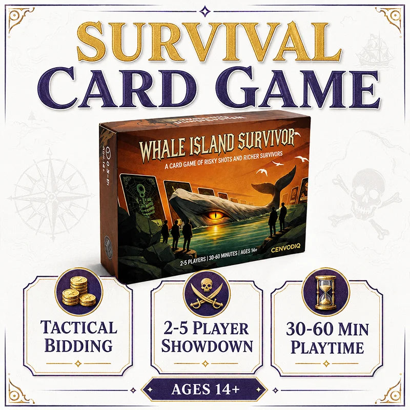Whale Island Survivor Card Game for 2-5 Players, Survival Strategy Adventure with Role Cards, Skill Choices, Ages 14+