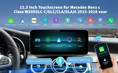 Wireless Carplay/Android Auto 12.3'' Touch screen Multimedia for Mercedes Benz NTG5.0  A B E C GLE W167 W212 W246 W205 W176 C117