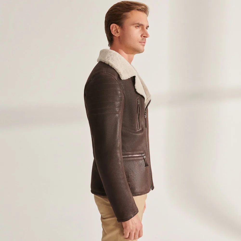 Denny&Dora Men's Aviator Shearling Jacket Brown Leather Warm Coats Men