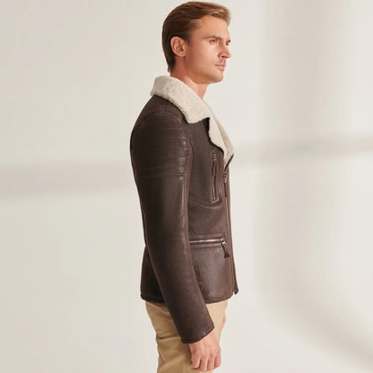 Denny&Dora Men's Aviator Shearling Jacket Brown Leather Warm Coats Men