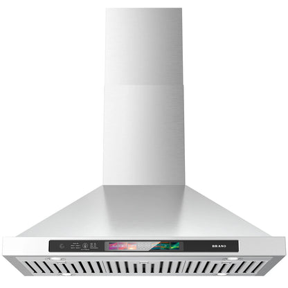 Brano 30 Inch Stainless Steel Wall Mount Range Hood, 900 CFM, Convertible with LED Lights and Charcoal Filter