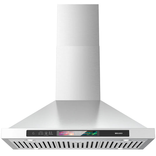 Brano 30 Inch Stainless Steel Wall Mount Range Hood, 900 CFM, Convertible with LED Lights and Charcoal Filter