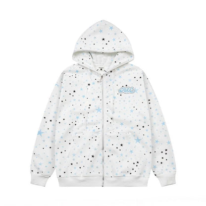 Ins Fashion Women's Full Print Star Zipper Hoodie Sweatshirt Japanese Streetwear Casual Long Sleeve Pullover for Autumn Winter