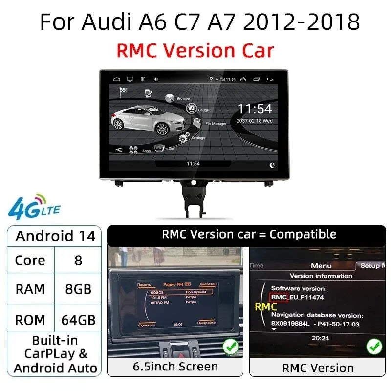 Android 14 Carplay Car Multimedia Player For Audi A6 C7 A7 2012~2018 Touch Screen 4G Music Stereo GPS Navi 8+256GB Auto Radio