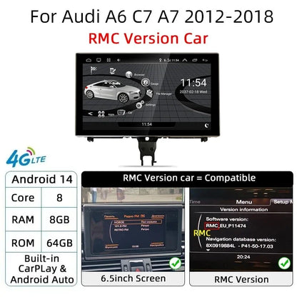Android 14 Carplay Car Multimedia Player For Audi A6 C7 A7 2012~2018 Touch Screen 4G Music Stereo GPS Navi 8+256GB Auto Radio