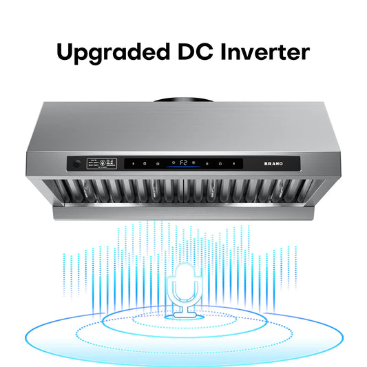BRANO | DC Motor Series 30-Inch Under-Cabinet Range Hood Silver | 120V，1200CFM Brushless 6-Speed, Voice & Gesture Control, LED Lighting, Baffle Filters