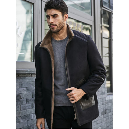 Denny&Dora Men’s Shearling Jacket – Navy Blue Short Sheepskin Coat, Fur-Lined Casual Jacket