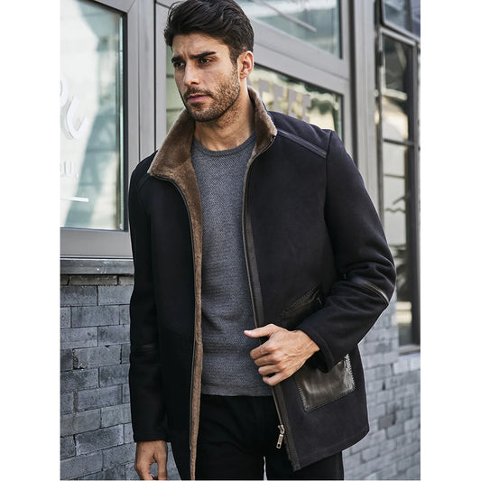 Denny&Dora Men’s Shearling Jacket – Navy Blue Short Sheepskin Coat, Fur-Lined Casual Jacket
