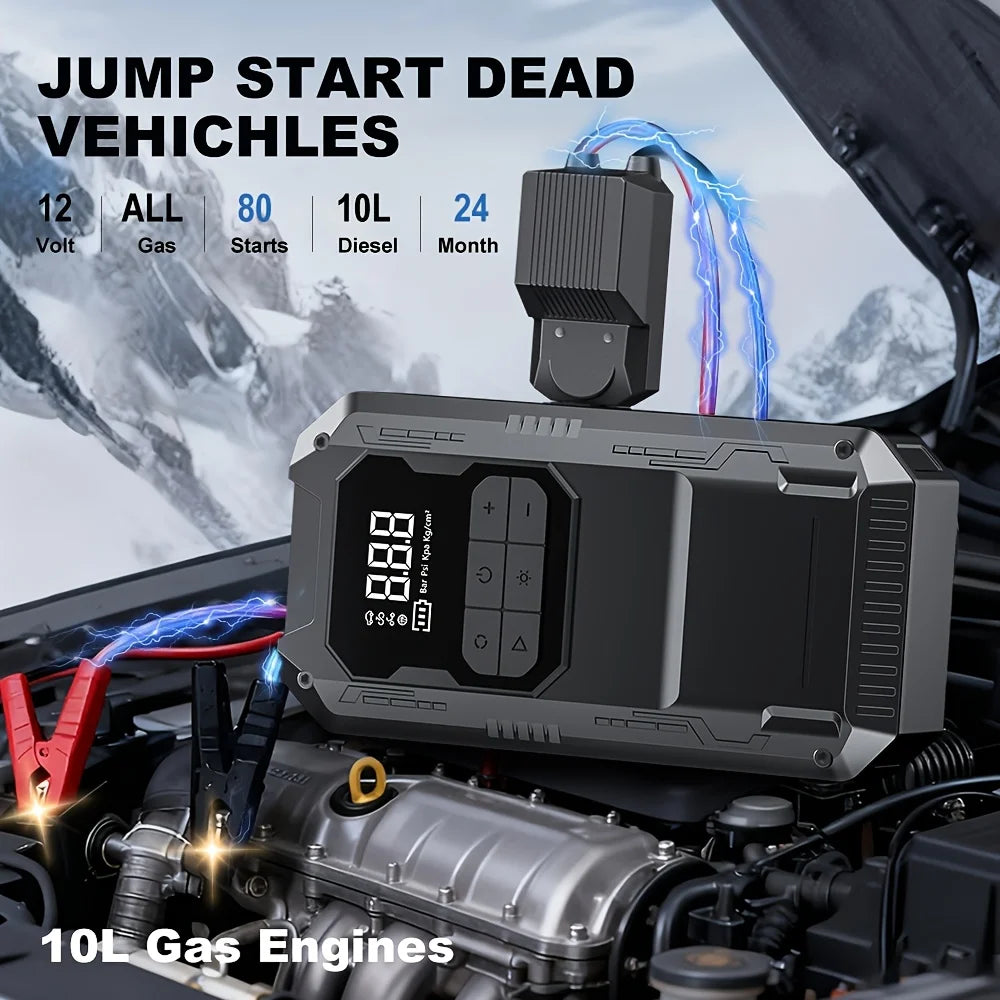 Qenrix 4in1 Portable Jump Starter with 150PSI Cordless Air Pump, 12V Car Battery Booster, Digital Tire Inflator with LED Light