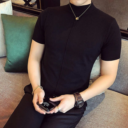 7 Colors Half High Collar Men T-shirt New 2026 Summer Short Sleeve  Solid Color Sweater Pullover T Shirt Slim Knitted Tees Top