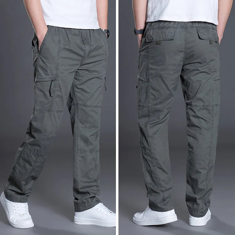 Zipper Cargo Pants Men Pocket OutDoor Full Length Pants Male Summer Straight Trousers Homme Loose Cotton Casual Pants Grey